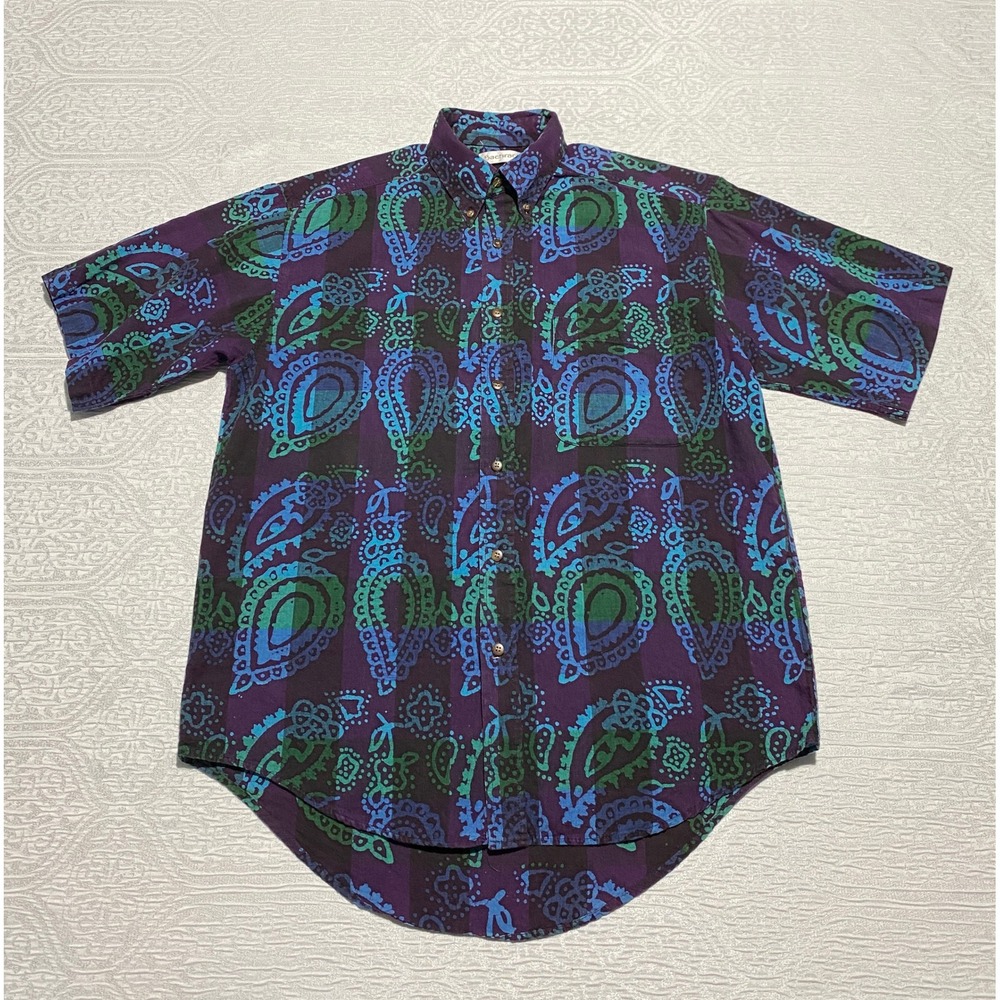 Vintage USA Bachrach Mens S Button‎ Up Short Sleeve Shirt Purple Blue Paisley